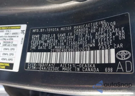 2009 Toyota Corolla Xrs z USA, uszkodzony, nr VIN 2T1BE40E99C027018